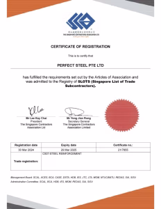 Perfect Steel SCAL SLOTS Certificate 29032015 - Supplier and manufacturer of steel rebar, cut and bend, prefabricated column cages, bored pile cages, and diaphragm walls, hard drawn wire coil, and standard and engineered wire mesh